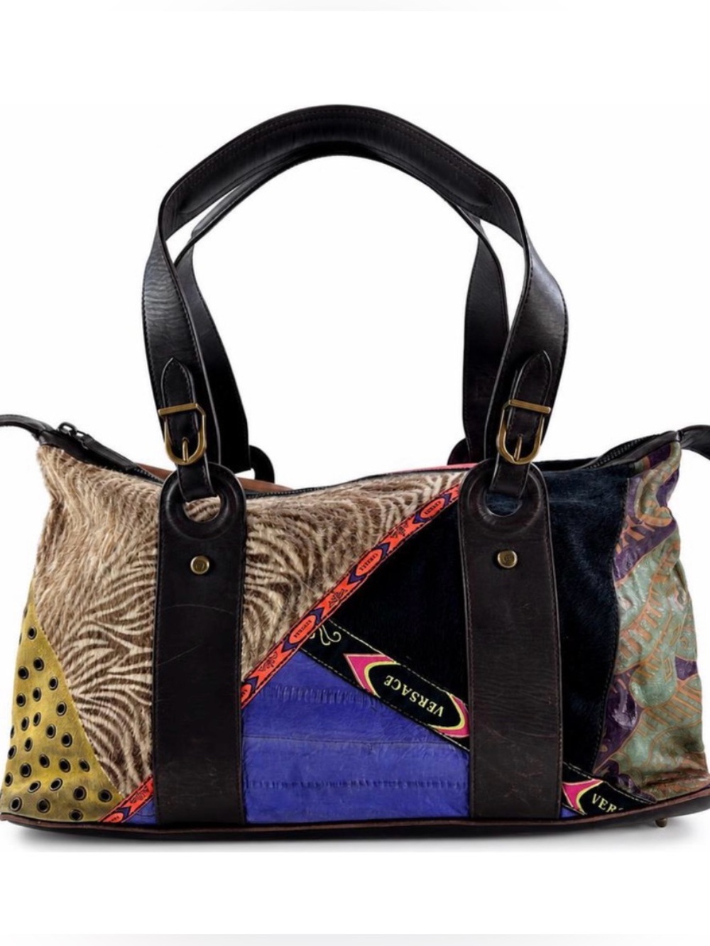 Versace Multicolor Patchwork Shoulder Bag with Black Leather Straps